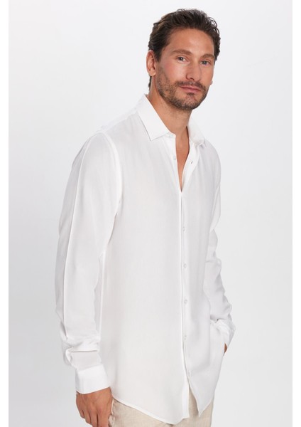 Slim Fit Uzun Kollu Dar Kesim Dökümlü Viskon Şık Erkek Beyaz Gömlek