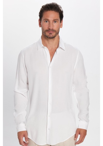 Slim Fit Uzun Kollu Dar Kesim Dökümlü Viskon Şık Erkek Beyaz Gömlek