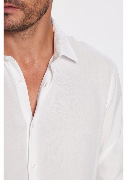 Slim Fit Uzun Kollu Dar Kesim Dökümlü Viskon Şık Erkek Beyaz Gömlek