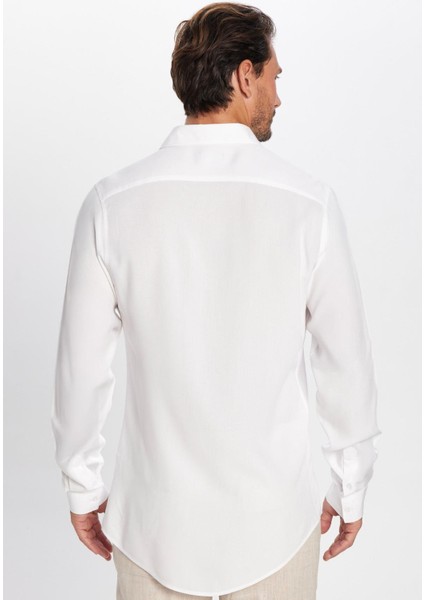 Slim Fit Uzun Kollu Dar Kesim Dökümlü Viskon Şık Erkek Beyaz Gömlek