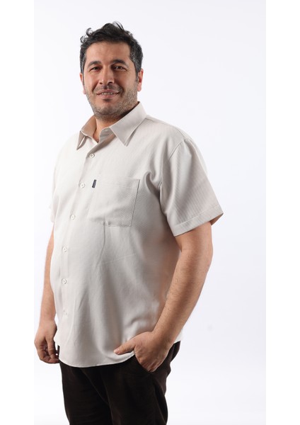 Kısa Kol Bej-Beyaz Petek Desenli Pamuklu Erkek Gömlek KK-8052-TSS