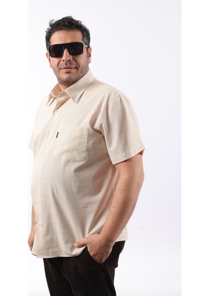 Kısa Kol Bej-Beyaz Pamuk Erkek Gömlek KK-8050-TSS