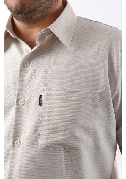 Kısa Kol Bej-Beyaz Petek Desenli Pamuklu Erkek Gömlek KK-8052-TSS fiyatları