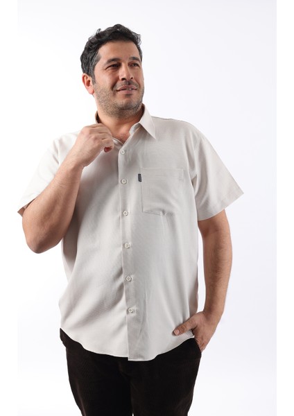 Kısa Kol Bej-Beyaz Petek Desenli Pamuklu Erkek Gömlek KK-8052-TSS indirimleri