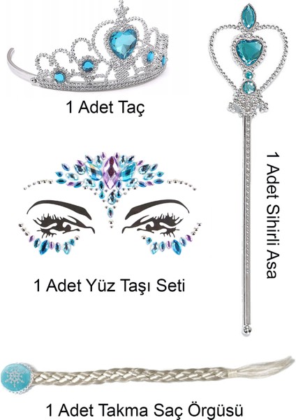 Elsa Konsept Parti Seti 4'lü Yüz Taşı, Sihirli Asa, Örgü Saç ve Taç Seti