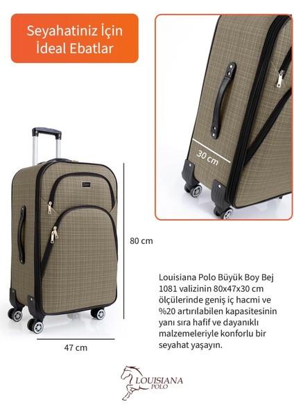 Büyük Boy 4 Teker Kumaş Valiz Bej 1081