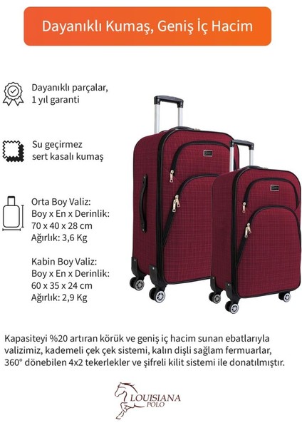 Orta ve Kabin Boy Valiz Seti 4 Teker Kumaş Valiz Bordo 1081 fiyatları