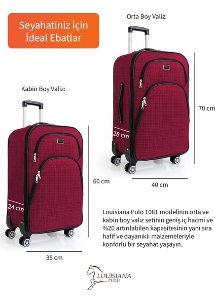 Orta ve Kabin Boy Valiz Seti 4 Teker Kumaş Valiz Bordo 1081 modelleri