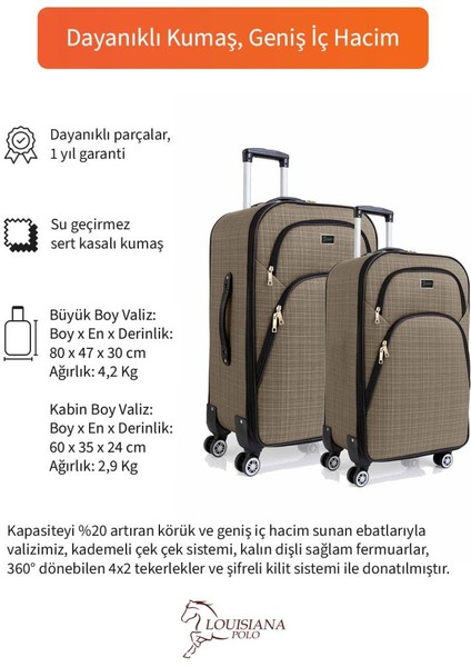 Büyük ve Kabin Boy Valiz Seti 4 Teker Kumaş Valiz Bej 1081