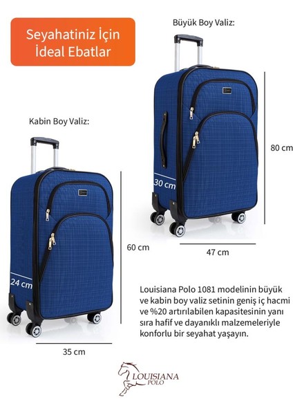 Büyük ve Kabin Boy Valiz Seti 4 Teker Kumaş Valiz Saks Mavi 1081 modelleri