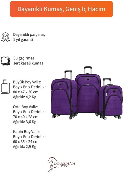 3'lü Valiz Seti 4 Teker Kumaş Valiz Mor 1081 fiyatları