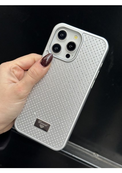 iPhone 15 Pro Max Uyumlu Elmas Pırlanta Taşlı Gümüş Kılıf