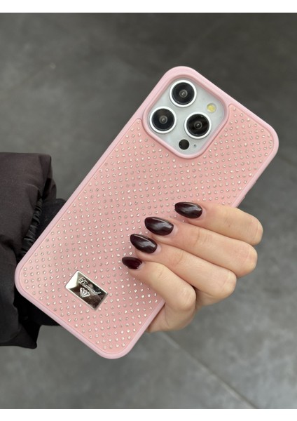 iPhone 15 Pro Max Uyumlu Elmas Pırlanta Taşlı Pembe Kılıf