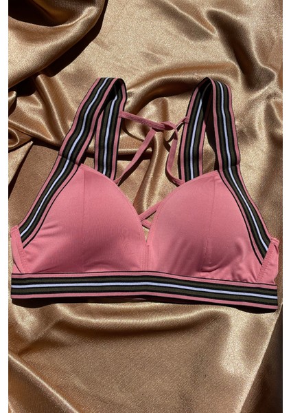 Sadie Pembe Kalp Yaka Renkli Şeritli Padsiz Sırt Detaylı Sporcu Sütyeni