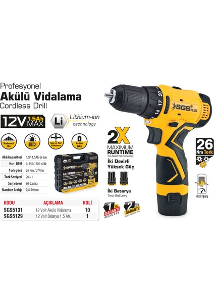 Sgs 5131 Profesyonel Akülü Vidalama 12 Volt 1.5 Amper
