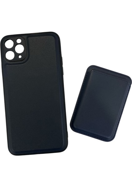 iPhone 11 Pro Max Uyumlu Suni Deri Mıknatıslı Kart Girişli 2 Parça Megan Silikon Kılıf