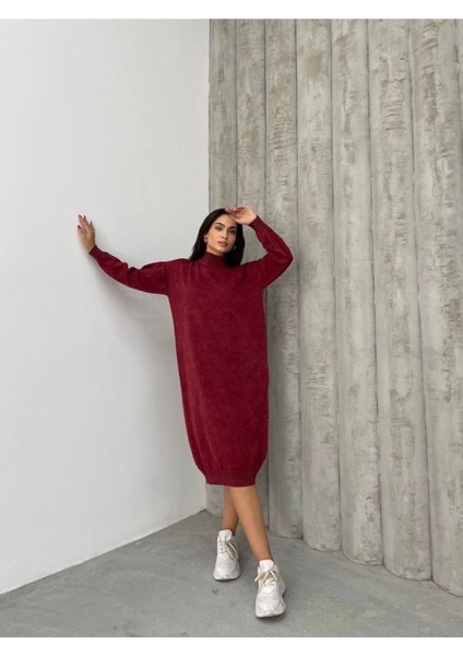 Dıe&more Kadın Batik Yıkamalı Oversize Uzun Kollu Bol Triko Elbise
