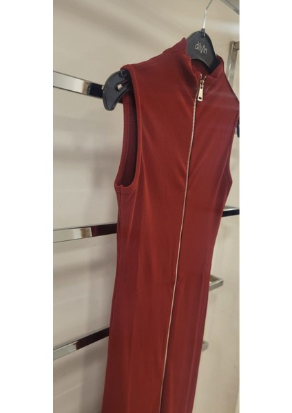 Mzr Collection Kadın Ottoman Kumaş Toparlayıcı Önü Full Fermuarlı Dik Yaka Kolsuz Kalem Elbise
