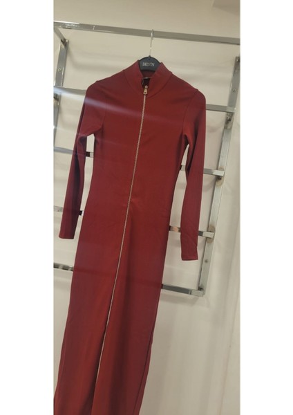 Mzr Collection Kadın Ottoman Kumaş Toparlayıcı Önü Full Fermuarlı Dik Yaka Uzun Kol Kalem Elbise