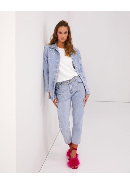 Kadın Taş Detaylı Bilek Boy Şık Kot Pantolon