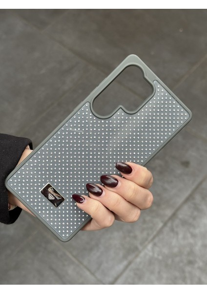 Samsung Galaxy S23 Ultra Uyumlu Elmas Pırlanta Taşlı Gri Kılıf