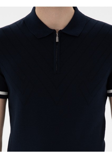 Erkek Lacivert Slim Fit Fermuarlı Polo Yaka Triko Tişört 50303473-VR033