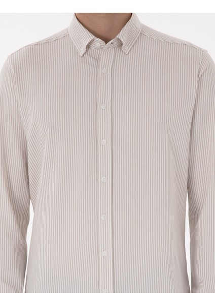 Erkek Bej Slim Fit Çizgili Uzun Kollu Gömlek 50301583-VR011