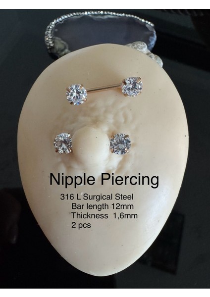 Cerrahi Çelik Zirkon Taşlı Rosegold Memeucu/nipple Piercingi- Bar Uzunluğu 12 Mm( 1 Çift)