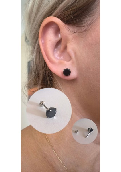 %100 Cerrahi Çelik Siyah Zirkon Taşlı Piercing/erkek Küpesi/bar Uzunluğu 6mm - 1 Adet-Taş Çapı 8 mm
