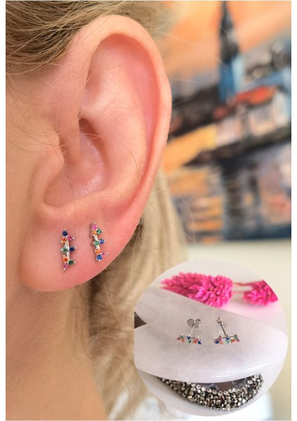 925 Ayar Gümüş Renkli Çıtı Pıtı Çivi Küpe - 2 Adet// 1 Çift