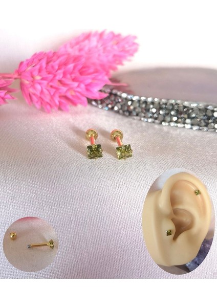 Iki Adet- %100 316 L Cerrahi Çelik Küçük Tek Taş Piercing - Bar Uzunluğu 6 Mm, Taş Çapı 3 mm