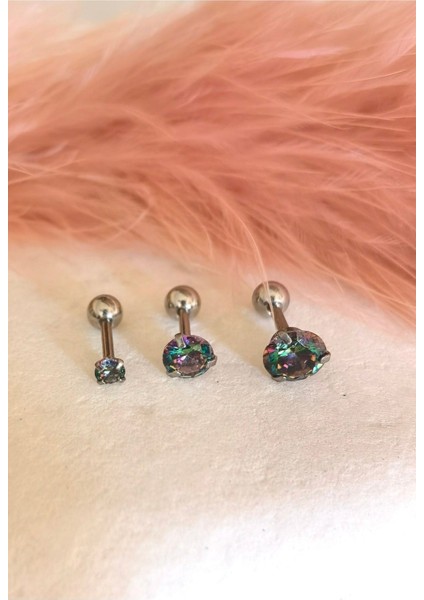 Cerrahi Çelik Renkli Tek Taş Piercing Set (Taş Çapı 3mm 4mm ve 6 Mm) , Bar Uzunluğu 6mm) - 3 Adet