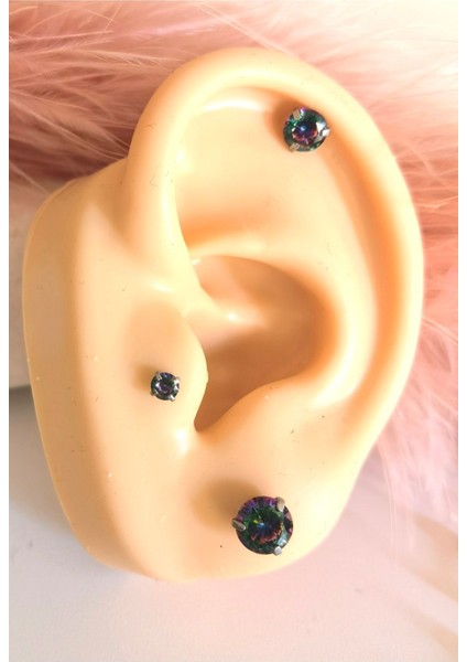 Cerrahi Çelik Renkli Tek Taş Piercing Set (Taş Çapı 3mm 4mm ve 6 Mm) , Bar Uzunluğu 6mm) - 3 Adet modelleri