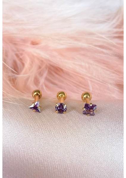 Cerrahi Çelik Renkli Tek Taş Piercing Set (Taş Çapı 3mm, Bar Uzunluğu 6mm) - 3 Adet