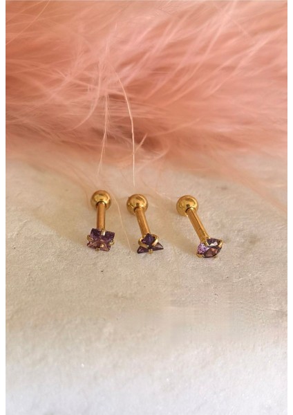Cerrahi Çelik Renkli Tek Taş Piercing Set (Taş Çapı 3mm, Bar Uzunluğu 6mm) - 3 Adet modelleri
