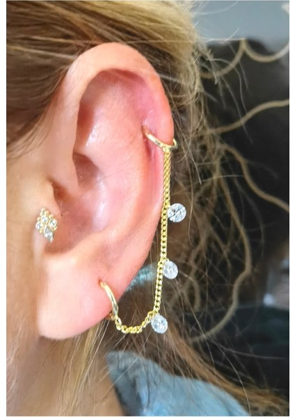 925 Ayar Gümüş Üzerine Altın Kaplama Üç Taş Zincirli Halka Küpe /1 Adet