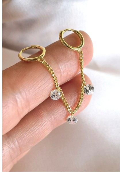 925 Ayar Gümüş Üzerine Altın Kaplama Üç Taş Zincirli Halka Küpe /1 Adet fiyatları