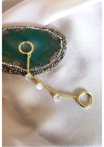 925 Ayar Gümüş Üzerine Altın Kaplama Üç Taş Zincirli Halka Küpe /1 Adet fırsatları