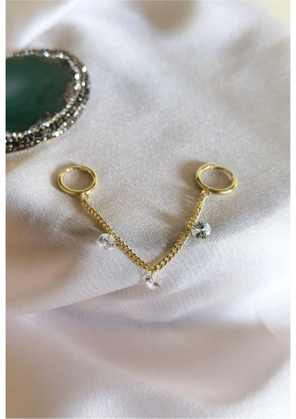 925 Ayar Gümüş Üzerine Altın Kaplama Üç Taş Zincirli Halka Küpe /1 Adet indirimleri