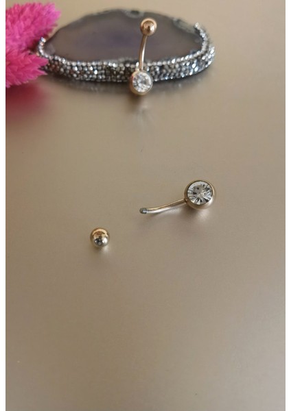 Rosegold Cerrahi Çelik Tek Taşlı Göbek Piercingi - Bar Uzunluğu 10 Mm-1 Adet