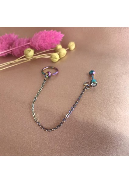 %100 316 L Cerrahi Çelik Zincirli, Çiftli Zirkon Taşlı Pircing-1 Adet