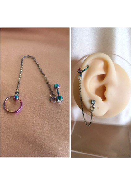 %100 316 L Cerrahi Çelik Zincirli Çiftli Pircing-1 Adet