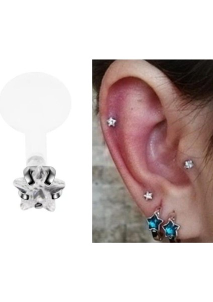 Bioplas Esnek Labret, Kulak Kırkırdağı İçin Yıldız Taşlı Piercing.Bar Uzunluğu 6mm-1 adet