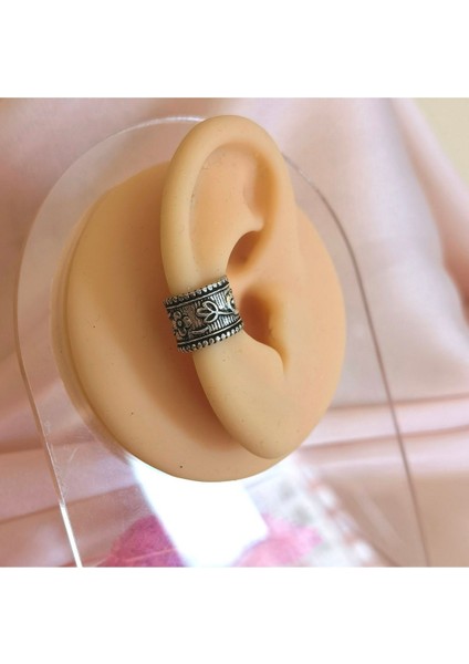 Etnik 9 mm Pirinç Antik Gümüş Halka Sıkıştırma Piercing / Earcuff - Tek Adet
