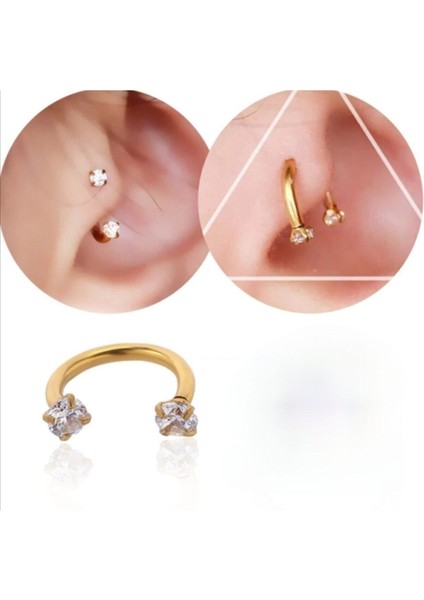 Gold Helix Piercing , Zirkon Taşlı Cerrahi Çelik C Piercing -Halka Çap 8mm- 1 Adet