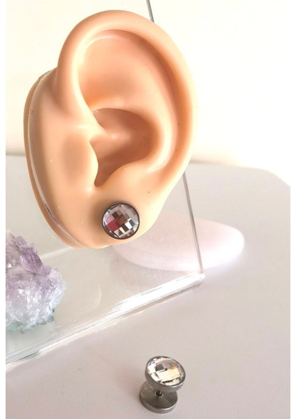 Tünel Görünümlü, Disk Taş Çelik Düz Bar Piercing / Küpe - 1 Adet