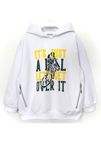 Fermuarlı Cep Detaylı Kapüşonlu Unisex Çocuk Sweatshirt Beyaz 001-0002016