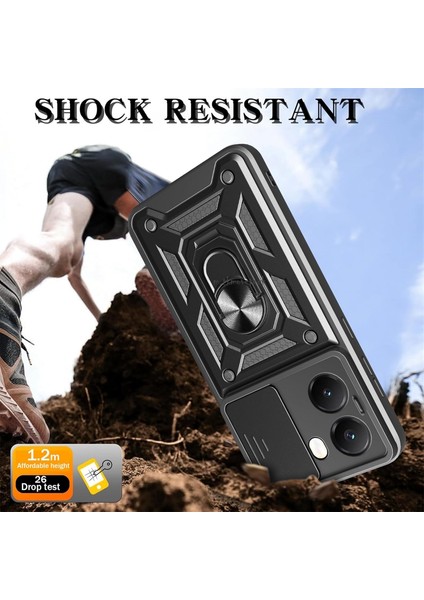 Xiaomi Poco X7 Pro Kılıf Kamera Korumalı Sürgülü Dönebilen Yüzüklü Armor Military Tank Kızaklı Kapak