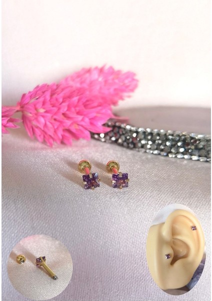 Iki Adet- %100 316 L Cerrahi Çelik Küçük Tek Taş Piercing - Bar Uzunluğu 6 Mm, Taş Çapı 3 mm