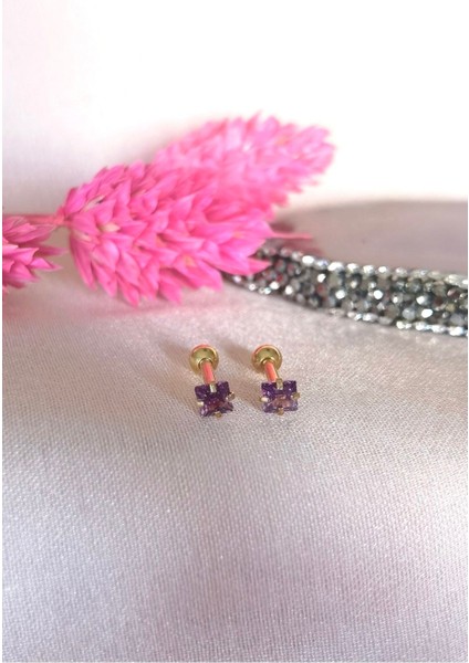 Iki Adet- %100 316 L Cerrahi Çelik Küçük Tek Taş Piercing - Bar Uzunluğu 6 Mm, Taş Çapı 3 mm